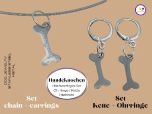 Schmuckset Hundeknochen - Ohrringe - Kette - Kettenanhänger - aus hochwertigem Edelstahl hypoallergen rhodiniert