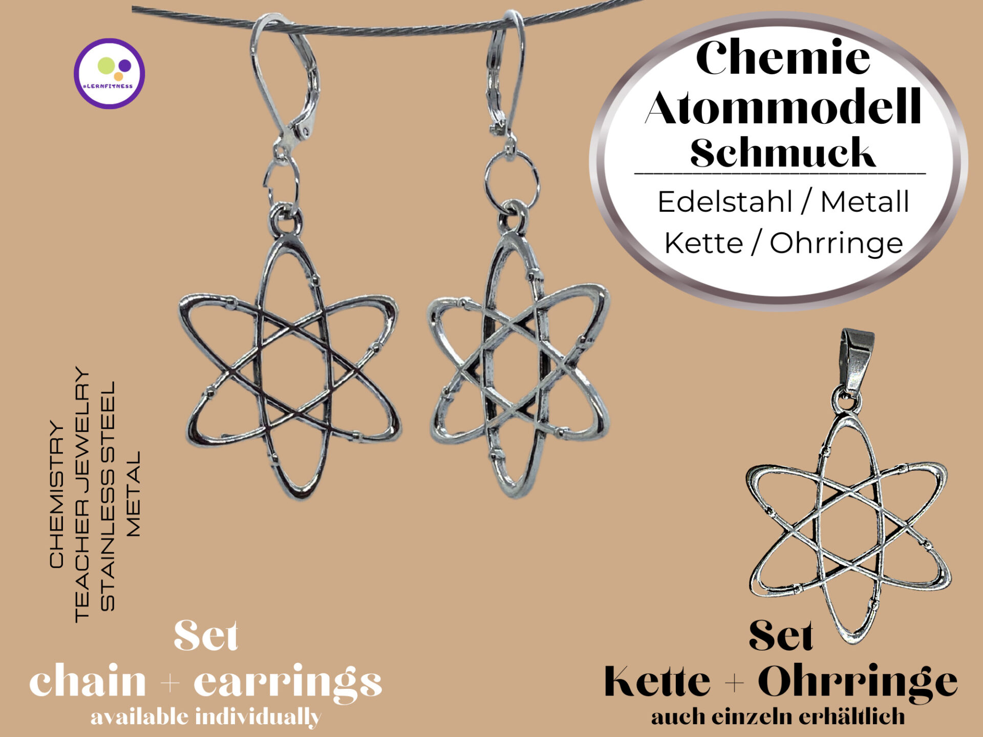 Lehrerschmuck Chemie Ohrringe Ohrhänger Kette Halskette Set Atommodell