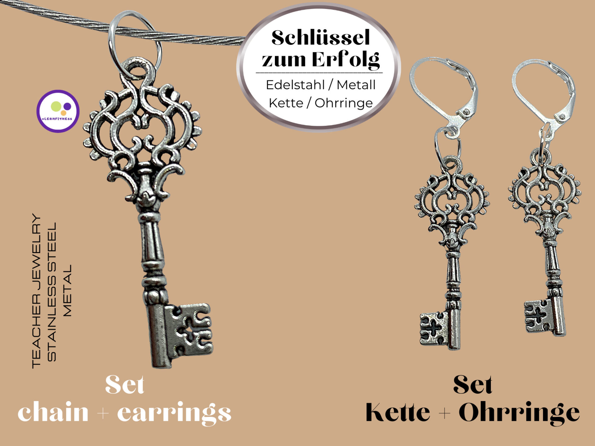 Lehrerschmuck Schlüssel zum Erfolg Ohrringe Ohrhänger Kette Halskette Set Schlüssel zum Glück