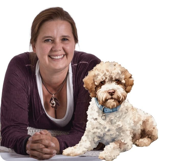 Heike von Lernfitness mit zertifiziertem Schulhund, einem Lagotto Romagnolo als Therapiehund im Schulunterricht