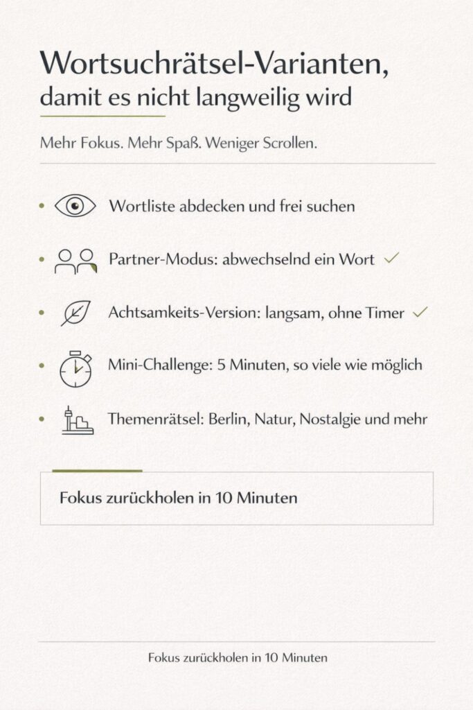 Wortsuchrätsel Varianten für mehr Fokus: Partner Modus, Achtsamkeit, Mini Challenge, Themenrätsel