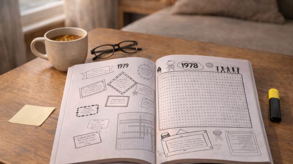 Aufgeschlagenes Wortsuchrätsel Zeitreise: nostalgische Rätselseiten als Konzentrationstraining