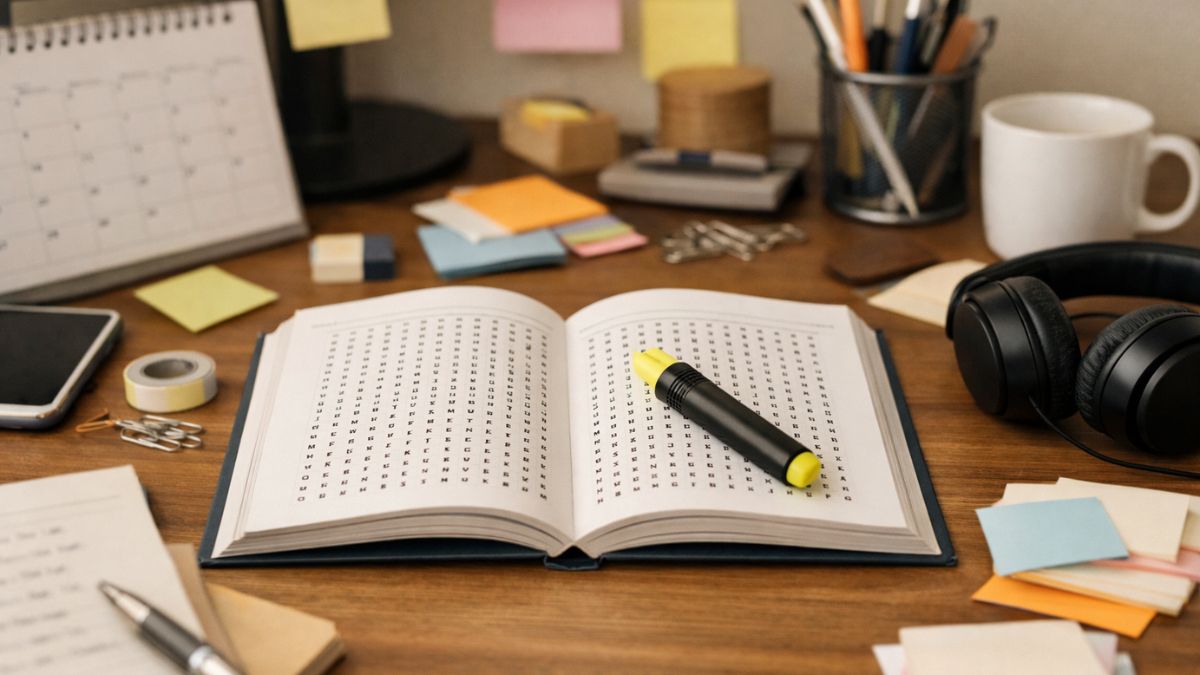 Wortsuchrätsel am Schreibtisch als kurze Fokus Routine gegen Ablenkung und Stress