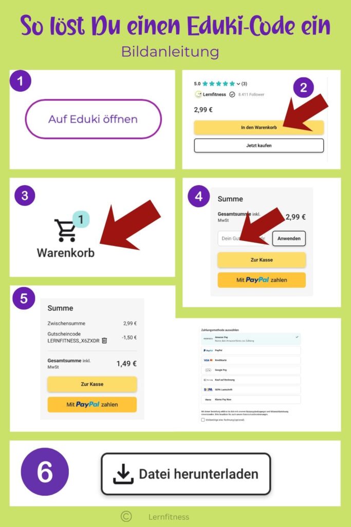 Schritt-für-Schritt Bildanleitung: So löst Du einen Eduki-Code ein – Warenkorb, Rabattcode eingeben und Material herunterladen
