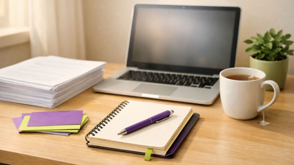 Schreibtisch mit Laptop, Ausdruckstapel, Notizbuch, lila Stift und Teetasse