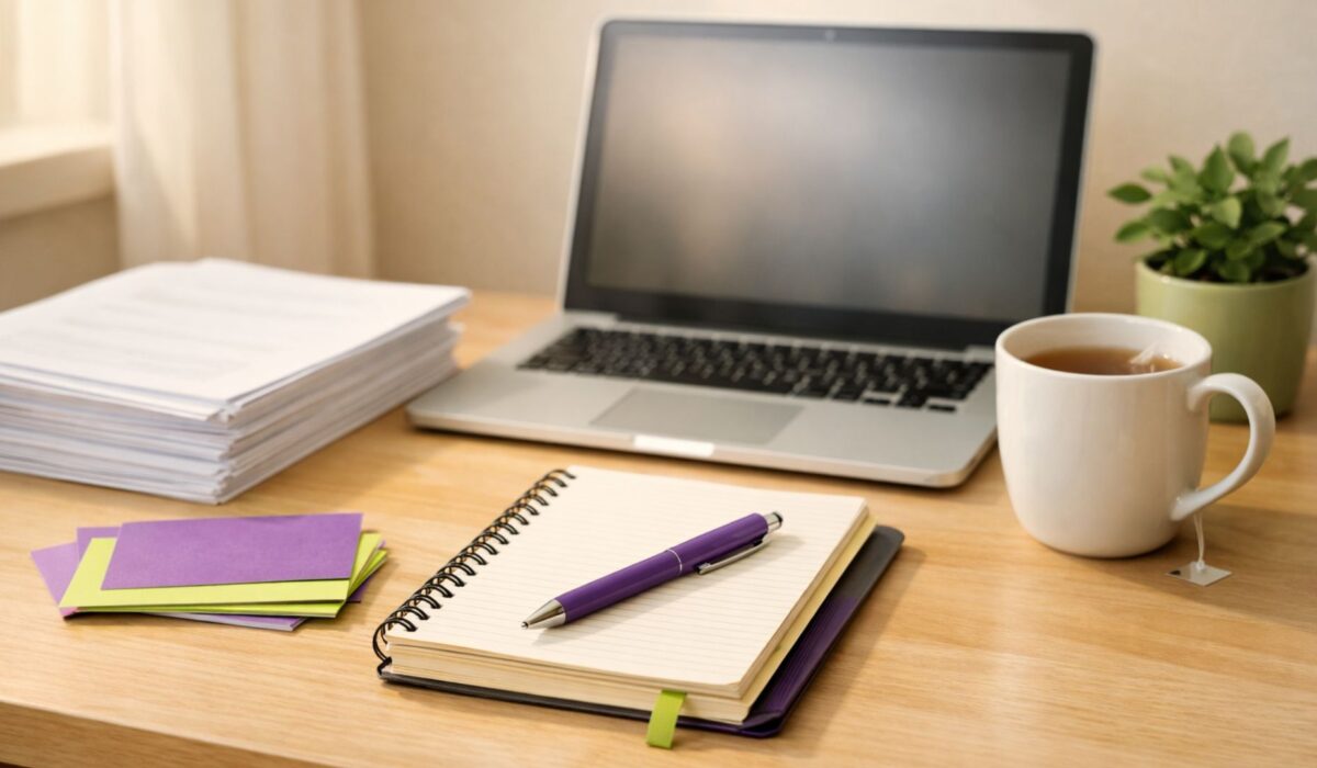 Lehrerarbeitsplatz – Unterrichtsmaterial vorbereiten Schreibtisch mit Laptop, Ausdruckstapel, Notizbuch, lila Stift und Teetasse