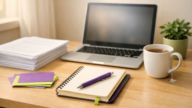 Schreibtisch mit Laptop, Ausdruckstapel, Notizbuch, lila Stift und Teetasse