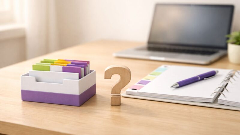 FAQ-Bereich – Fragen zu Eduki & Codes Holz-Fragezeichen neben Karteikartenbox und Notizbuch auf einem Schreibtisch