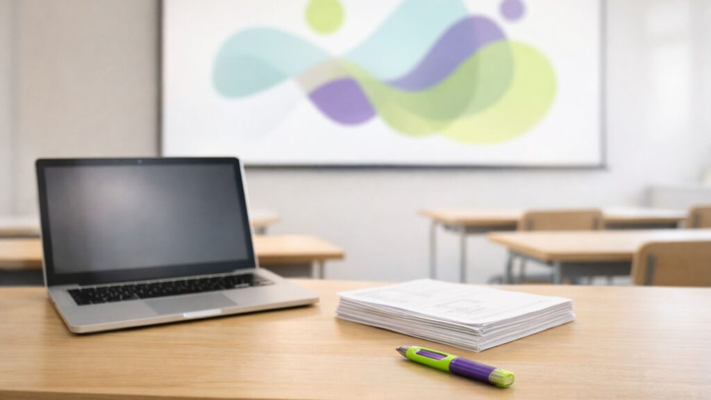 Laptop und Materialstapel auf einem Tisch im Klassenzimmer, Stift im Vordergrund