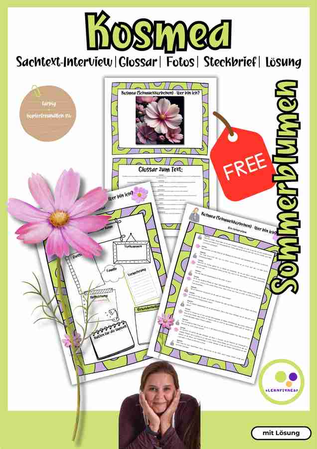Kosmea Sommerblumen Unterrichtsmaterial kostenlos auf Eduki – Sachtext, Interview, Glossar, Steckbrief und Lösung (Lernfitness)