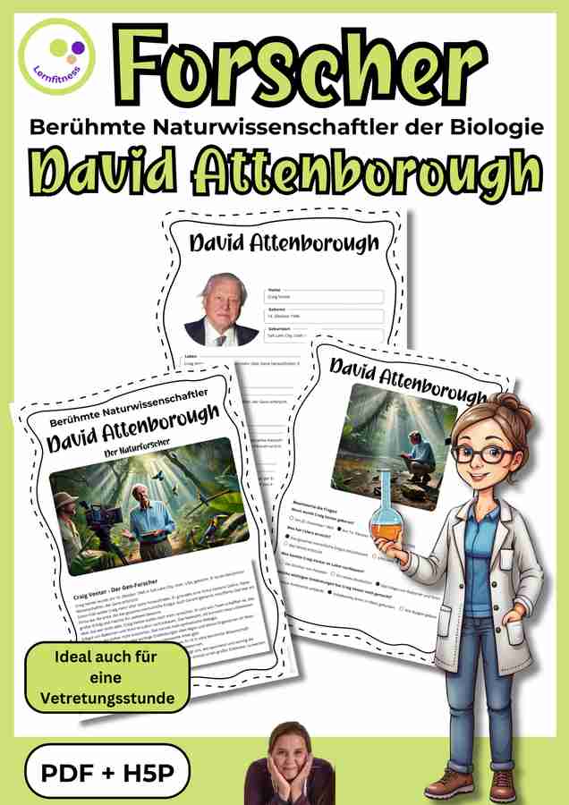 Forscher David Attenborough Unterrichtsmaterial Biologie auf Eduki – Steckbrief, Quiz und interaktive Übungen (PDF + H5P) von Lernfitness