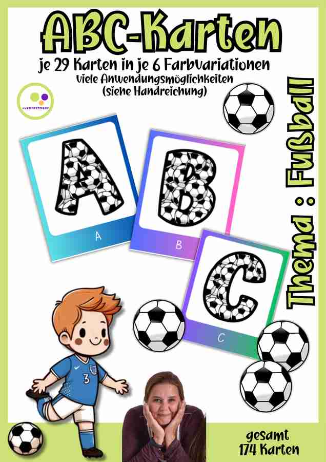 Fußball Alphabet ABC-Karten Unterrichtsmaterial auf Eduki – Bildkarten/Flashcards mit 174 Karten in 6 Farbvariationen von Lernfitness