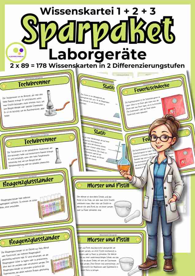 Sparpaket Laborgeräte Wissenskartei – 178 differenzierte Wissenskarten (Wissenskarte 1–3) für Chemieunterricht auf Eduki (Lernfitness)