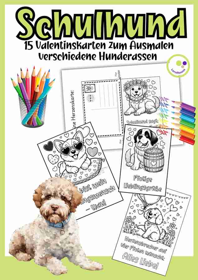 Schulhund Valentinstagskarten zum Ausmalen auf Eduki – 15 Karten mit verschiedenen Hunderassen von Lernfitness