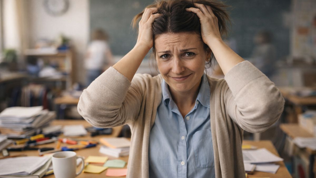 Lehrerin im Klassenzimmer im Stress: Kopf voll und überfordert, Konzentration zurückholen statt weiter zu scrollen