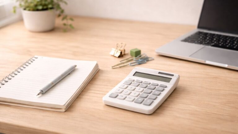 Schreibtisch mit Notizbuch, Taschenrechner und Laptop als Symbol für Kostenplanung beim Etsy-Start von Lehrern