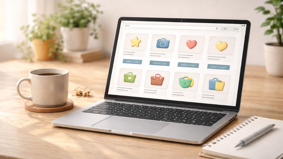 Laptop auf Schreibtisch mit Übersicht digitaler Produkte als Beispiel für einen Etsy-Shop von Lehrern