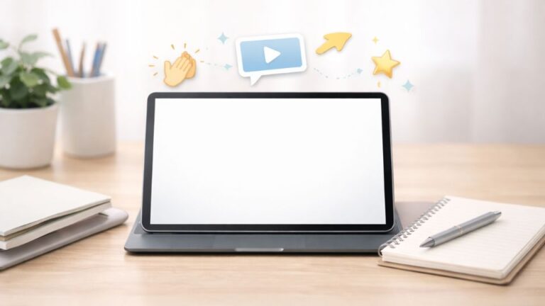 Tablet auf Schreibtisch mit kleinen animierten Symbolen als Bildmetapher für GIF-Sticker im Unterricht