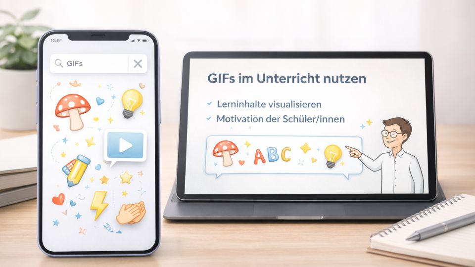 Smartphone mit GIF-Auswahl und Tablet mit Unterrichtsfolie „GIFs im Unterricht nutzen“