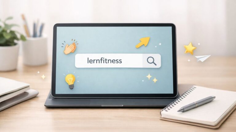 Tablet mit Suchfeld „lernfitness“ und Symbolen für GIFs im Unterricht