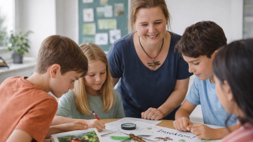 Schüler arbeiten in Gruppen zum Thema Insekten mit einer Lehrerin - Vorbereitungsarmes Unterrichtsmaterial ohne Vorbereitung für Lehrkräfte