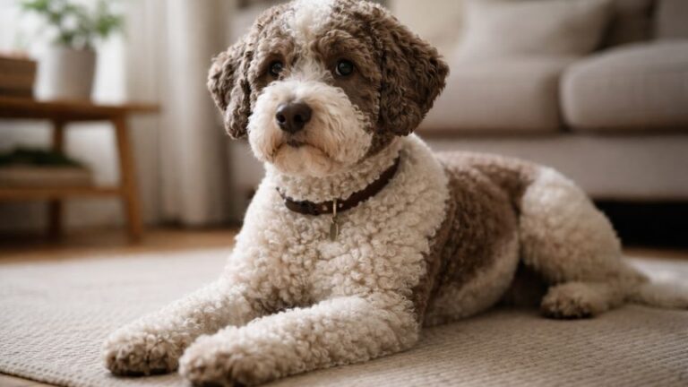 Lagotto Romagnolo liegt ruhig auf dem Boden und blickt aufmerksam in entspannter Wohnumgebung.
