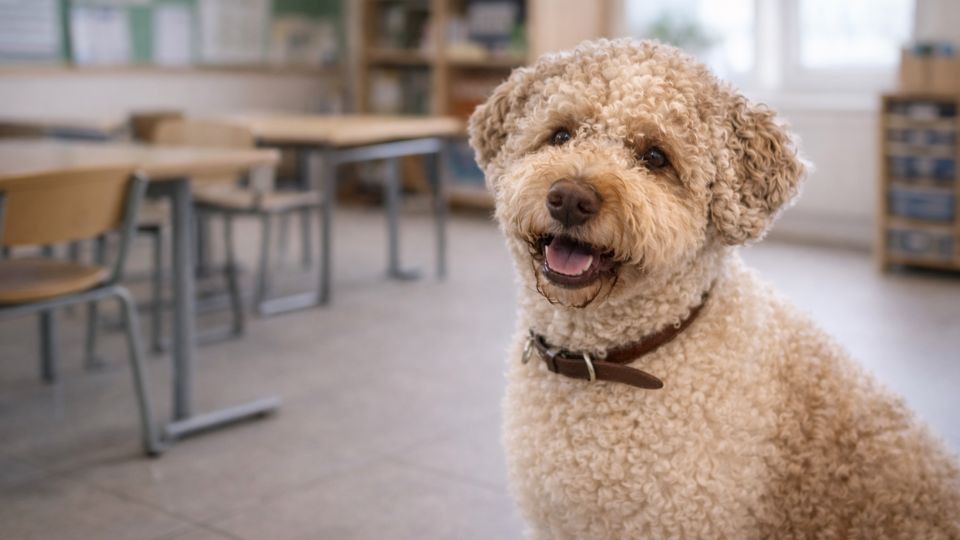 Lagotto Romagnolo sitzt ruhig und aufmerksam in einem Klassenzimmer.