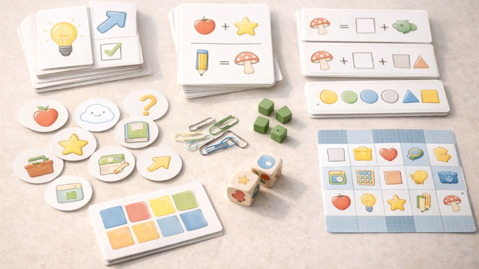 Spielerische Lernkarten, Würfel und Unterrichtshelfer auf einem Tisch als Beispiel für visuell verständliche Lernspiele von Lehrern