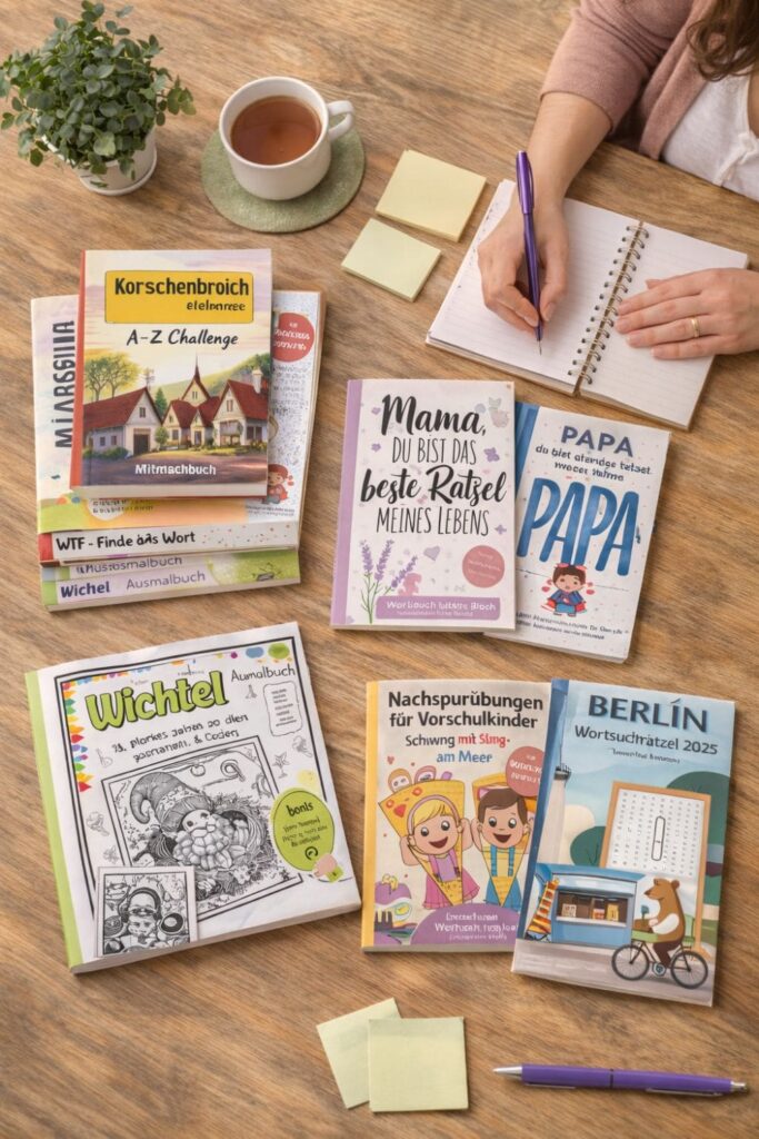 Schreibtisch-Szene mit Lernfitness Büchern: Wortsuchrätsel, Mitmachbuch, Ausmalbuch und Nachspurübungen – daneben Tee, Notizbuch und lila Stift.