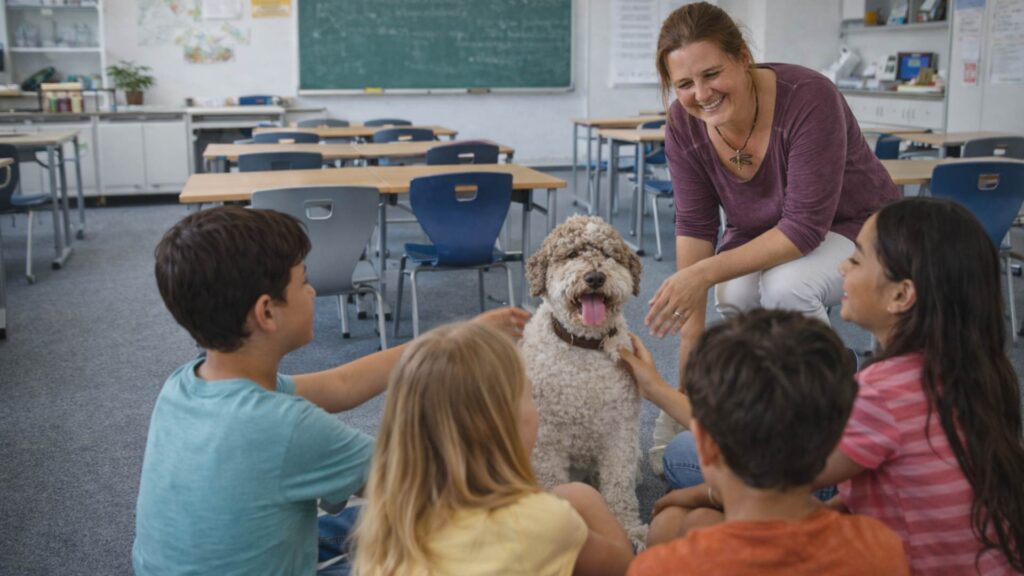 Unterrichtssituation mit Schulhund und Schülern im Klassenraum