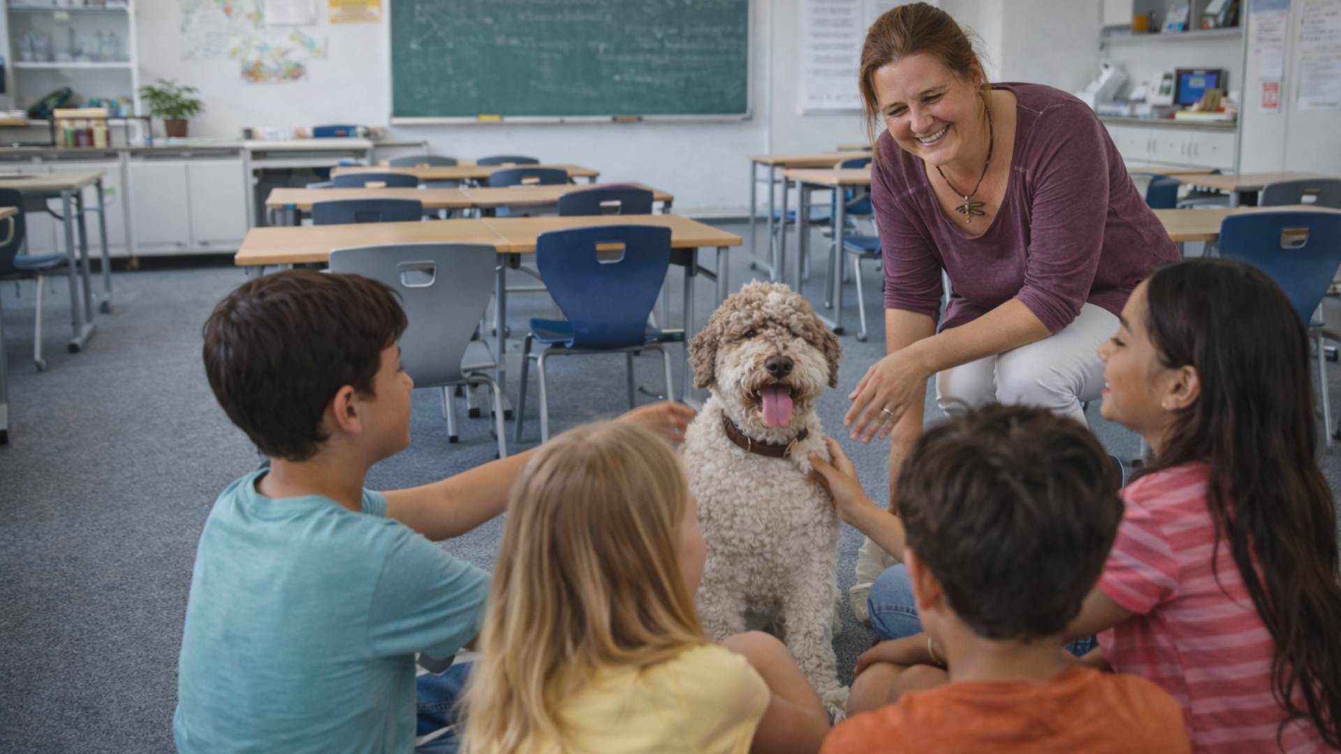 Unterrichtssituation mit Schulhund und Schülern im Klassenraum