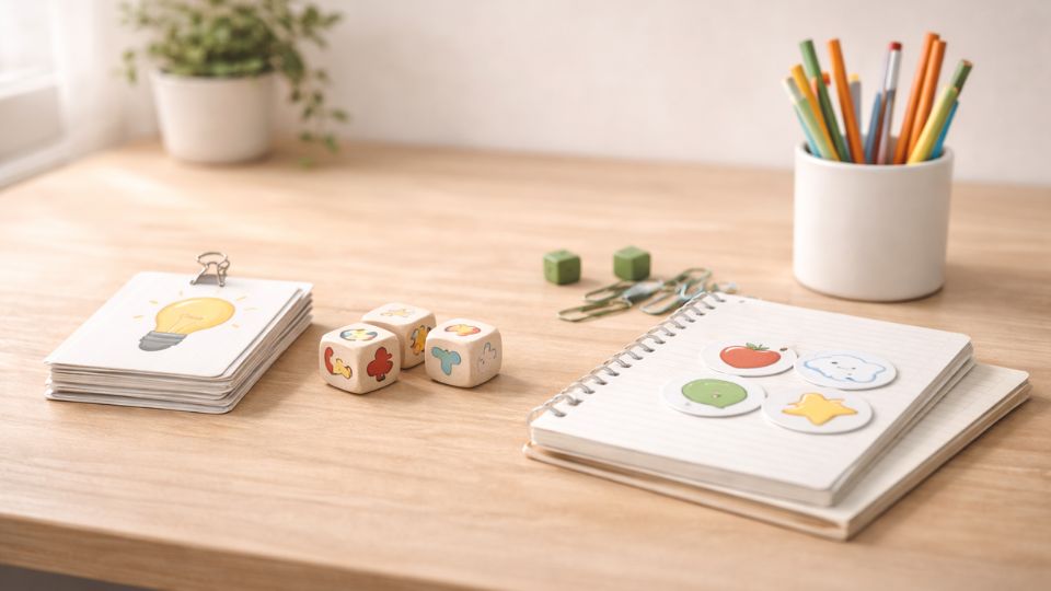 Unterrichtshelfer, Lernkarten und Würfel auf einem aufgeräumten Schreibtisch als Beispiel für einen ruhigen Einstieg von Lehrern