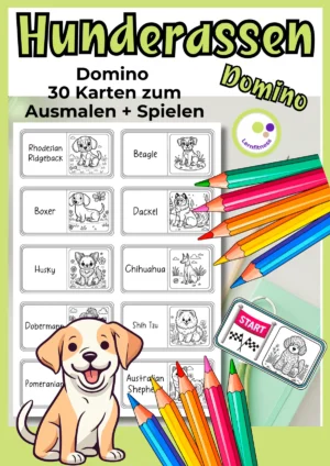 Dominospiel mit 30 Karten zu Hunderassen zum Ausmalen und Spielen für Grundschule und Sachunterricht.