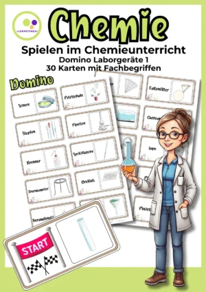 Domino-Lernspiel zu Laborgeräten im Chemieunterricht mit 30 Karten und Fachbegriffen für die Sekundarstufe I.