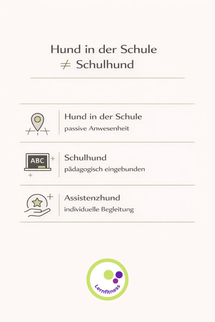 Minimalistische Infografik „Hund in der Schule ≠ Schulhund“ mit der Unterscheidung zwischen Hund in passiver Anwesenheit, pädagogisch eingebundenem Schulhund und Assistenzhund mit individueller Begleitung.