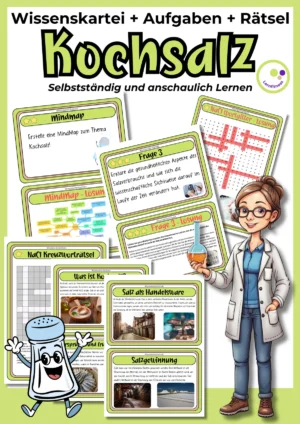 Wissenskarten, Rätsel und Aufgaben zu Kochsalz für den Chemieunterricht Klasse 7–9 zur Einführung in Salze.