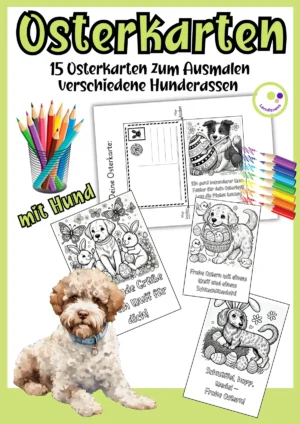 Titelbild Osterkarten mit Hund: 15 Ausmal-Karten mit verschiedenen Hunderassen für Unterricht in Grundschule und Sek I