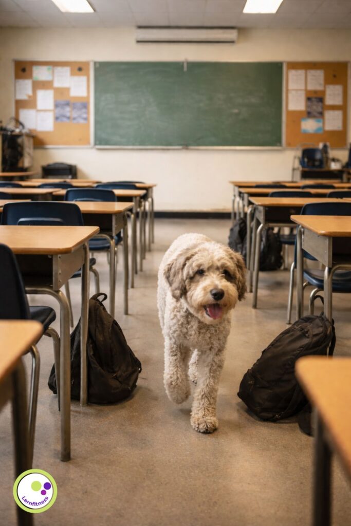 Schulhund im Unterricht: ausgebildeter Schulhund bewegt sich ruhig durch ein Klassenzimmer