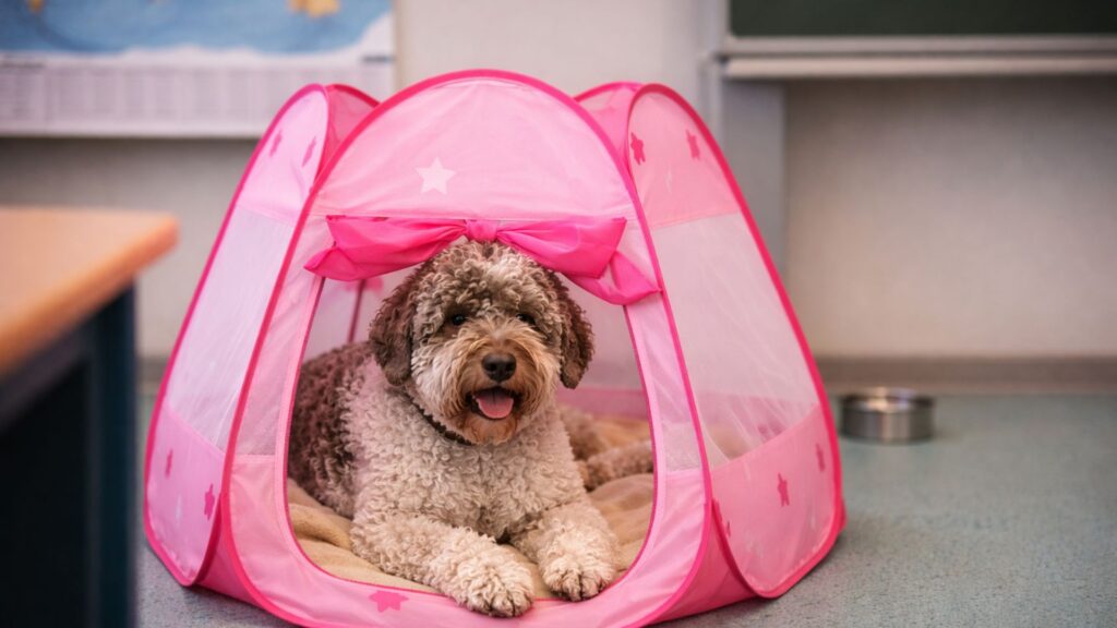 Schulhund im Unterricht: Schulhund in geschützter, mobiler Ruhezone im Klassenzimmer in der Sek 1