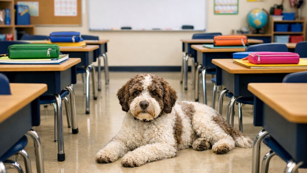 Schulhund liegt ruhig im Klassenzimmer zwischen Schultischen und unterstützt eine konzentrierte Lernatmosphäre