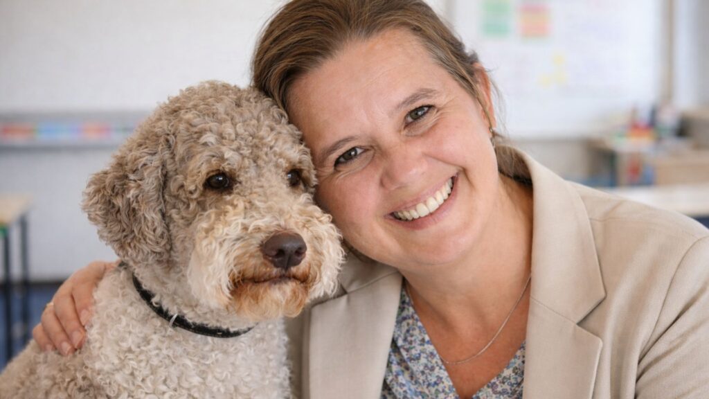 Schulhund Lagotto Romagnolo sitzt ruhig neben einer Lehrerin im Klassenzimmer und zeigt eine vertrauensvolle Beziehung