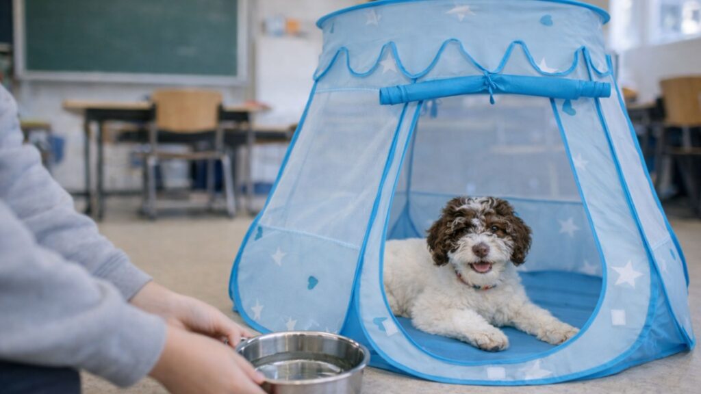 Schulhund Happy Joe liegt im Rückzugszelt im Klassenraum während eine Wasserschale gebracht wird