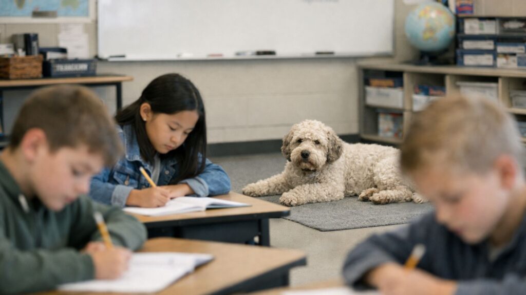 Schulhund liegt ruhig auf einer Matte im Klassenzimmer während Schülerinnen und Schüler konzentriert arbeiten