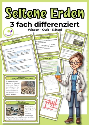 Vorschau auf differenziertes Unterrichtsmaterial zu Seltenen Erden mit Wissenskarten, Quiz und Rätseln für Chemie Klasse 8–10