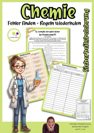 Arbeitsblatt zur Sicherheitsbelehrung im Chemieunterricht mit Fehlertext, Beispiel-Lösung und Dokumentationsliste.