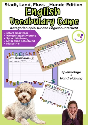 Englische Stadt-Land-Fluss Hunde-Edition für Klasse 7–8 zur Wortschatzaktivierung im Englischunterricht, mit Spielvorlage und Handreichung.