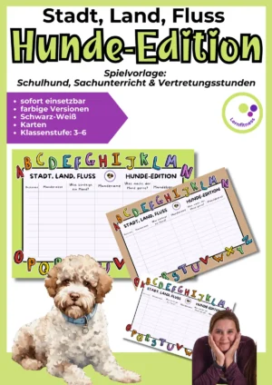 Spielvorlage Stadt Land Fluss Hunde-Edition für Sachunterricht Klasse 3–6, mit Schulhund einsetzbar.