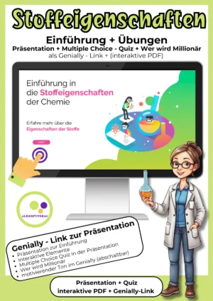 Interaktive Präsentation zu Stoffeigenschaften in Klasse 7 mit integrierten Übungen und Quiz im Chemieunterricht.