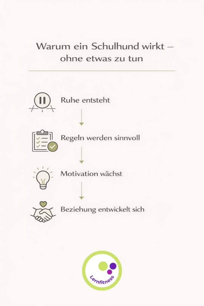 Minimalistische Infografik: „Warum ein Schulhund wirkt – ohne etwas zu tun“ mit den Punkten „Ruhe entsteht“, „Regeln werden sinnvoll“, „Motivation wächst“ und „Beziehung entwickelt sich“ sowie Lernfitness-Logo.