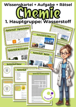 Wissenskartei Wasserstoff Chemie Sekundarstufe I mit Steckbrief, Aufgabenkarte und Kreuzworträtsel zur 1. Hauptgruppe